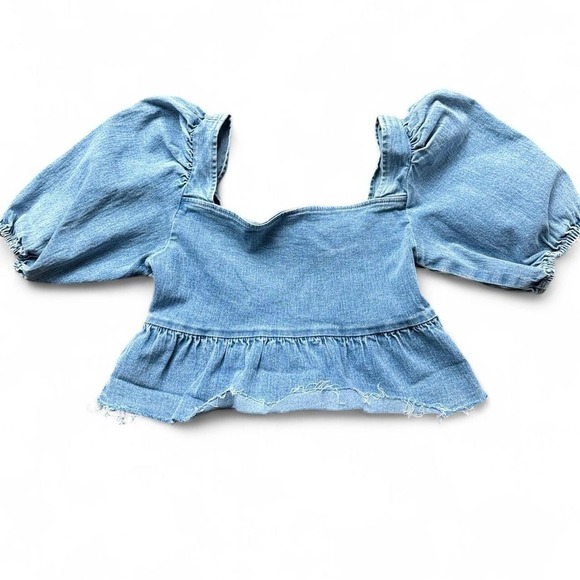 Women's Puff Denim Sleeve Cropped Top H&M Divided Boho Preppy XS - Picture 3 of 4